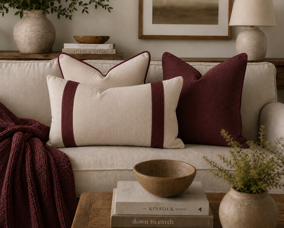 Pure French Linen Cushion Cover with Piped Edge - Natural with Merlot Piping