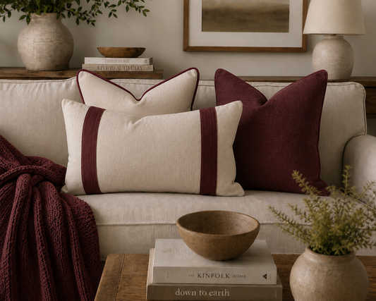 Pure French Linen Cushion Cover with Piped Edge - Natural with Merlot Piping