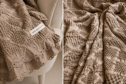 Organic Cotton Waffle Textured Ruffle Throw - Milk Chocolate - 150 x 200