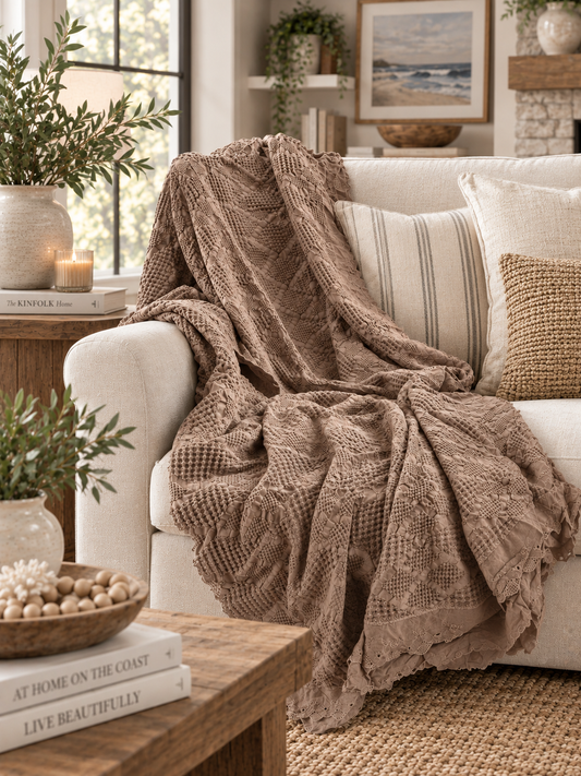 Organic Cotton Waffle Textured Ruffle Throw - Milk Chocolate - 150 x 200