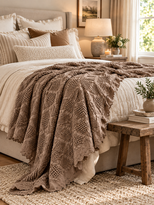 Organic Cotton Waffle Textured Ruffle Throw - Milk Chocolate - 180 x 250 - King Size