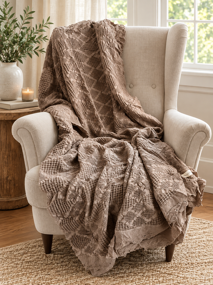 Organic Cotton Waffle Textured Ruffle Throw - Milk Chocolate - 180 x 250 - King Size