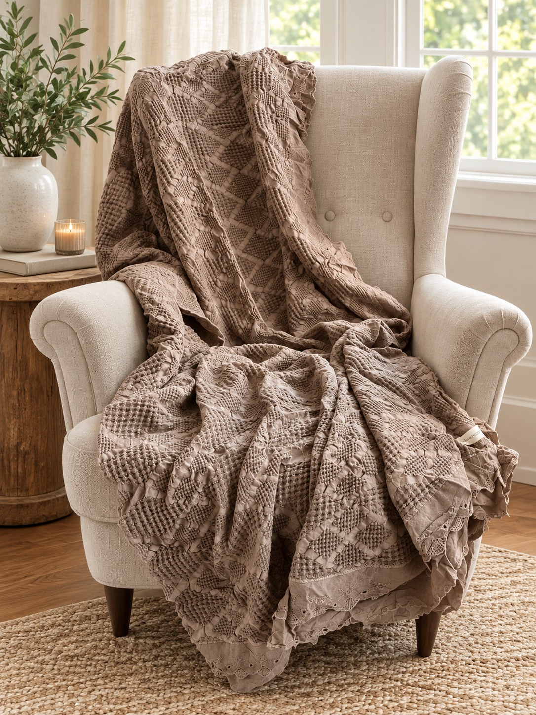 Organic Cotton Waffle Textured Ruffle Throw - Milk Chocolate - 150 x 200