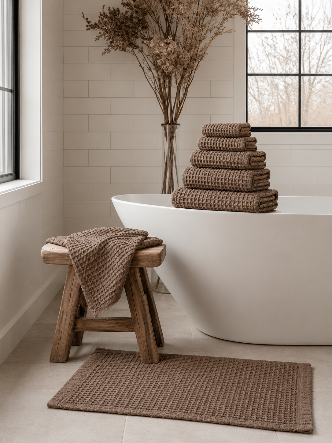 100% Organic Cotton Bamboo Waffle Standard Tea Towel - Hand Towel - Milk Chocolate