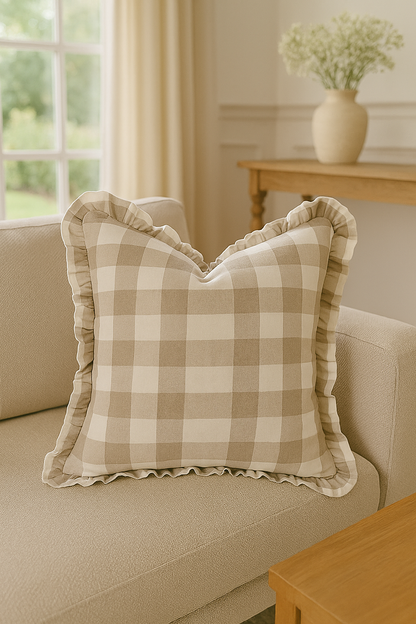 Pure Linen Ruffle Cushion Cover - Natural Gingham