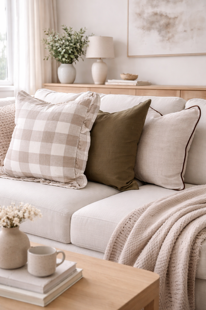 Pure Linen Ruffle Cushion Cover - Natural Gingham