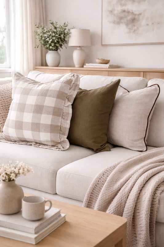 Pure Linen Ruffle Cushion Cover - Natural Gingham