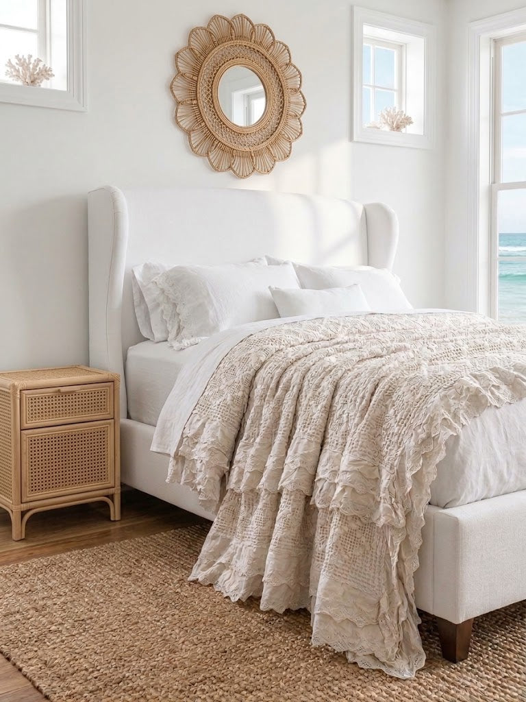 Organic Cotton Waffle Textured Ruffle Throw - Natural - 180 x 250 - King Size