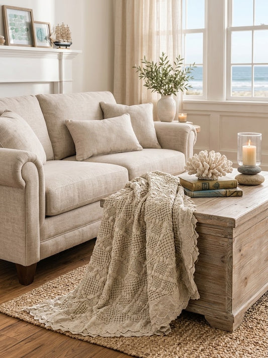 Organic Cotton Waffle Textured Ruffle Throw - Natural - 180 x 250 - King Size