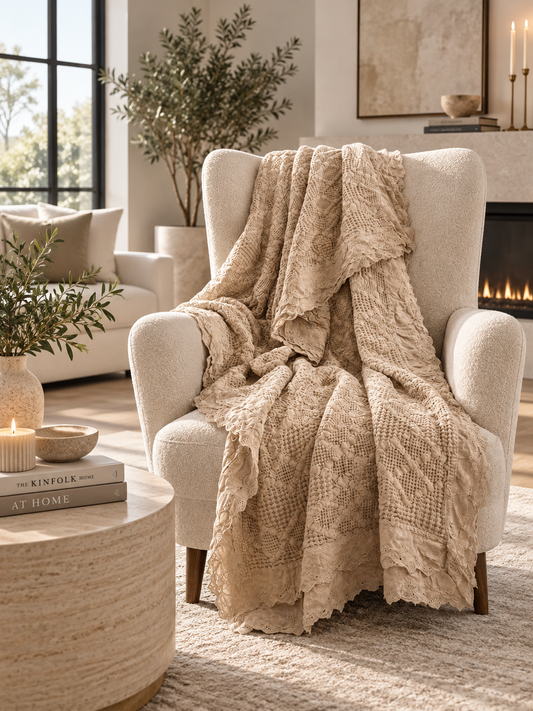 Organic Cotton Waffle Textured Ruffle Throw - Natural - 150 x 200