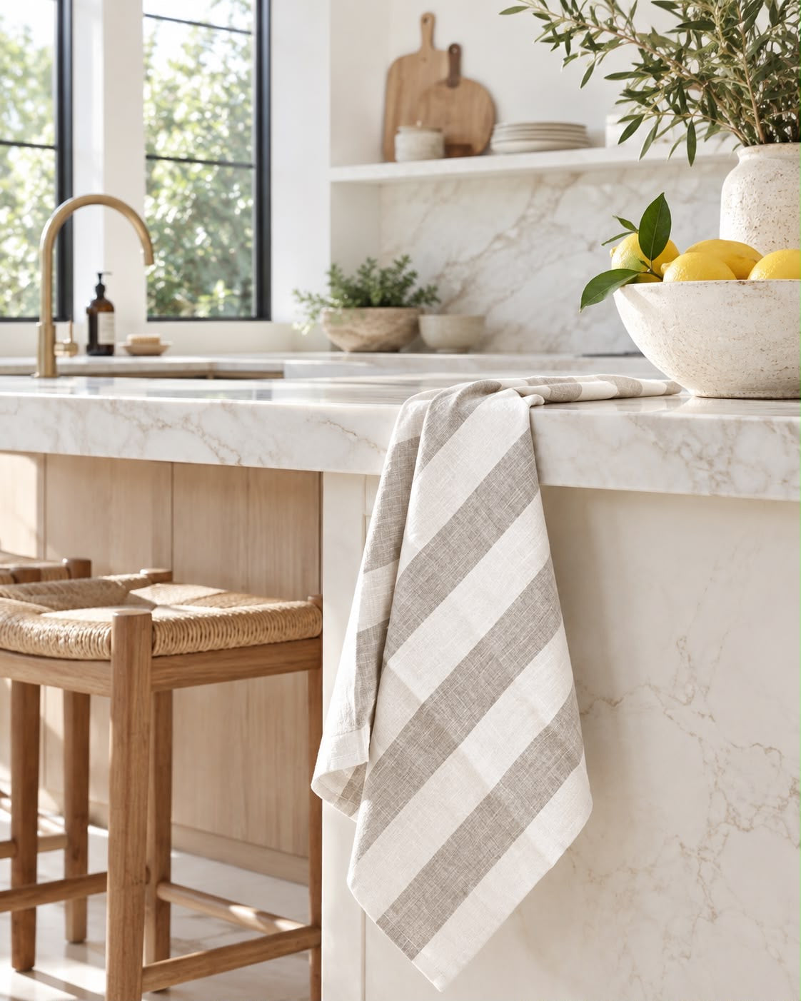 Pure French Linen Tea Towel - Natural Wide Stripe