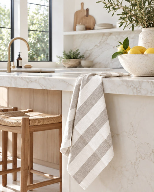 Pure French Linen Tea Towel - Natural Wide Stripe