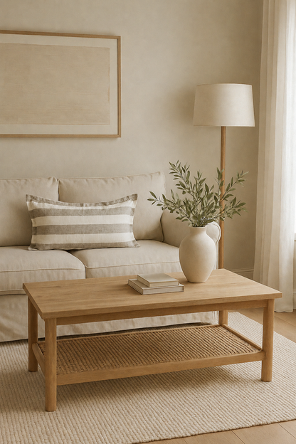 Pure French Linen Lumbar Cushion Cover with Flange Detail - Natural Wide Stripe