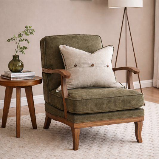 Pure French Linen Cushion Cover with Piped Edge - Natural with Olive Piping