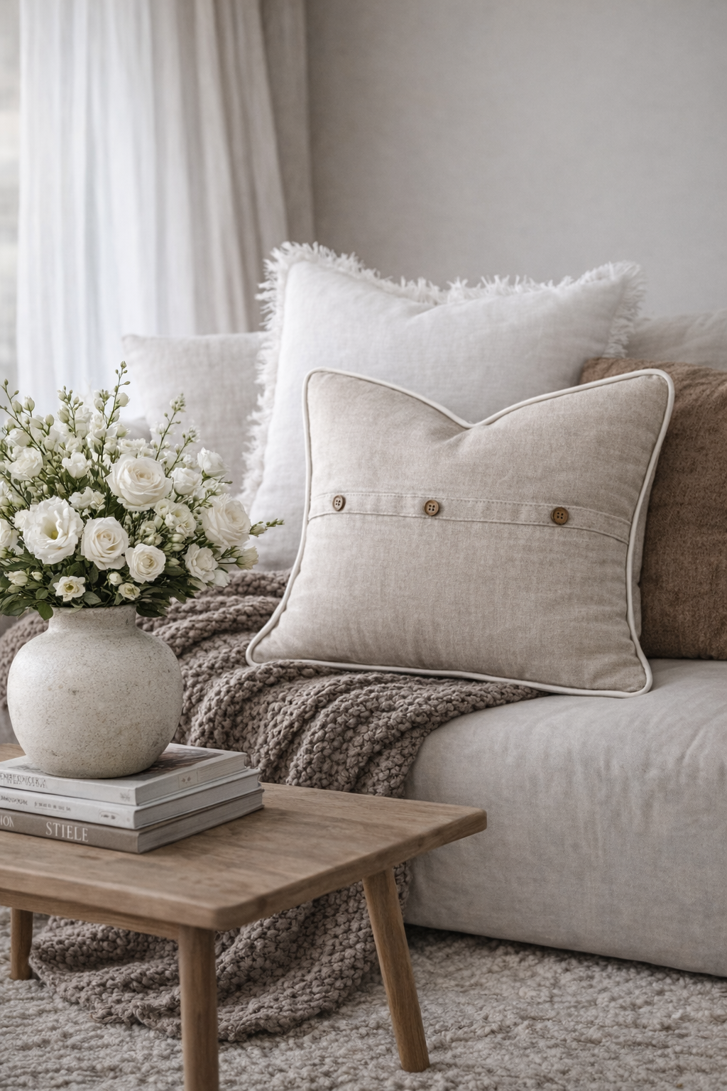 Pure French Linen Cushion Cover with Piped Edge - Natural with White Piping