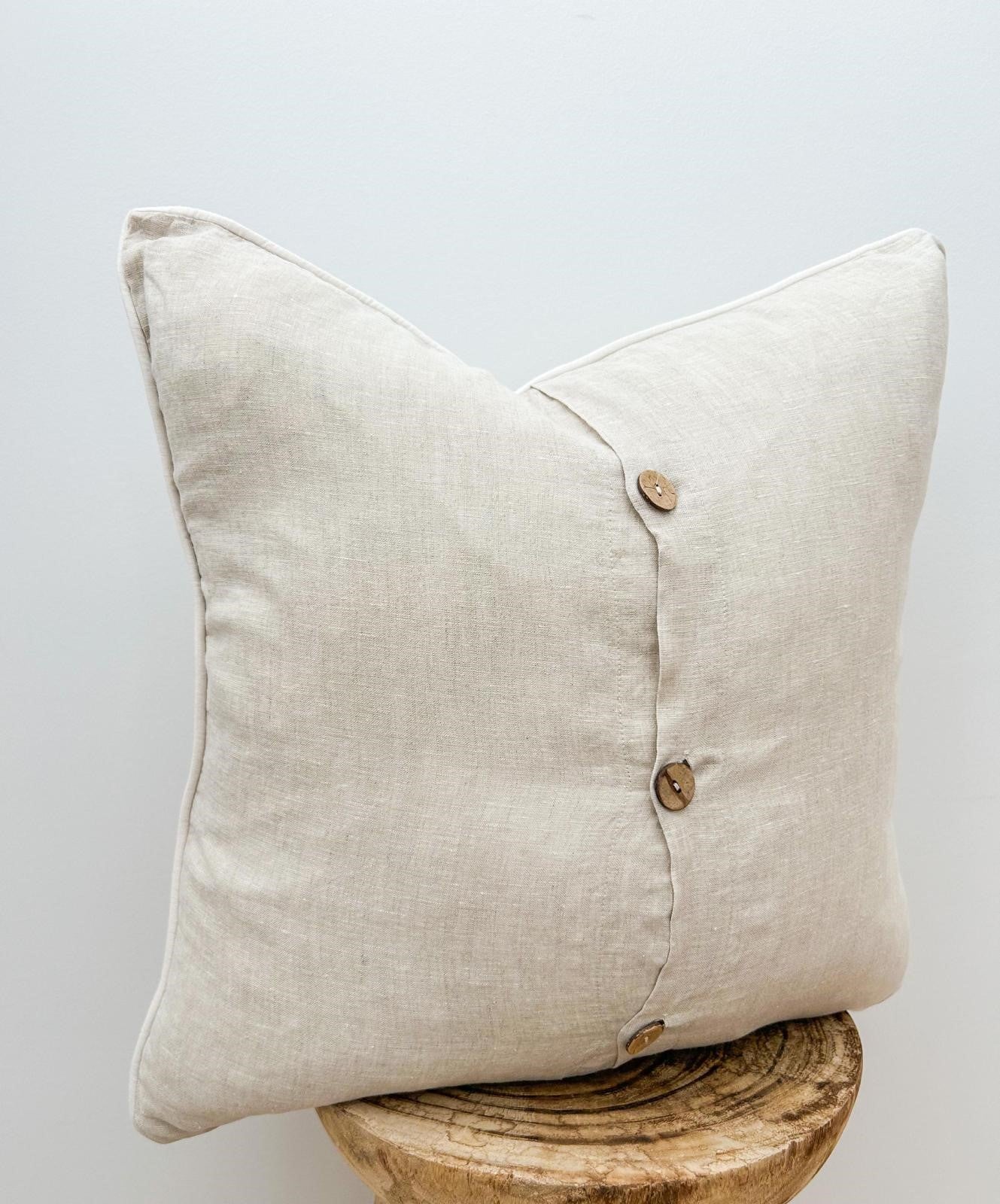 Pure French Linen Cushion Cover with Piped Edge - Natural with White Piping