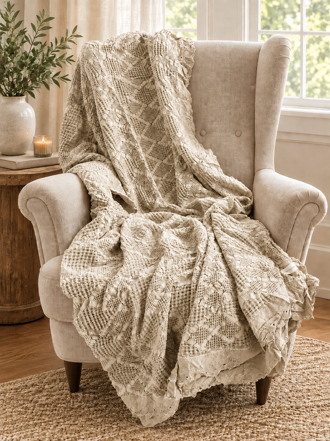 Organic Cotton Waffle Textured Ruffle Throw - Natural - 180 x 250 - King Size