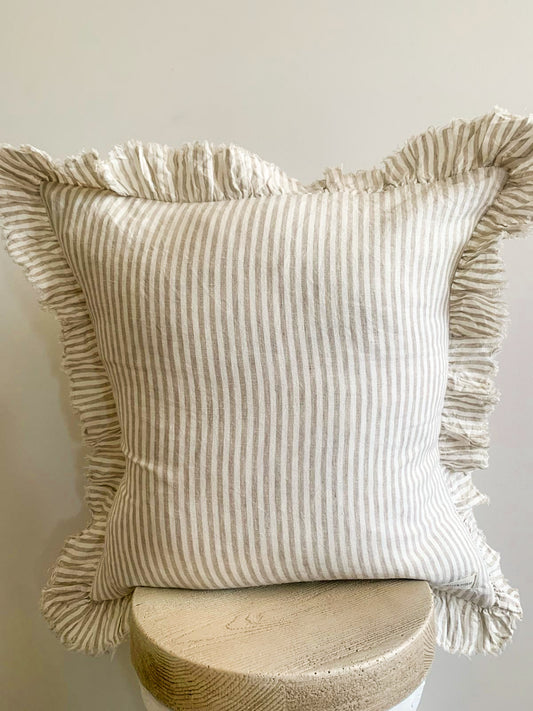 Pure French Linen Frayed Edge Ruffle Cushion - Nature Pinstripes