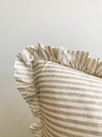 Pure French Linen Ruffle Lumbar cushion - Nature Pinstripes