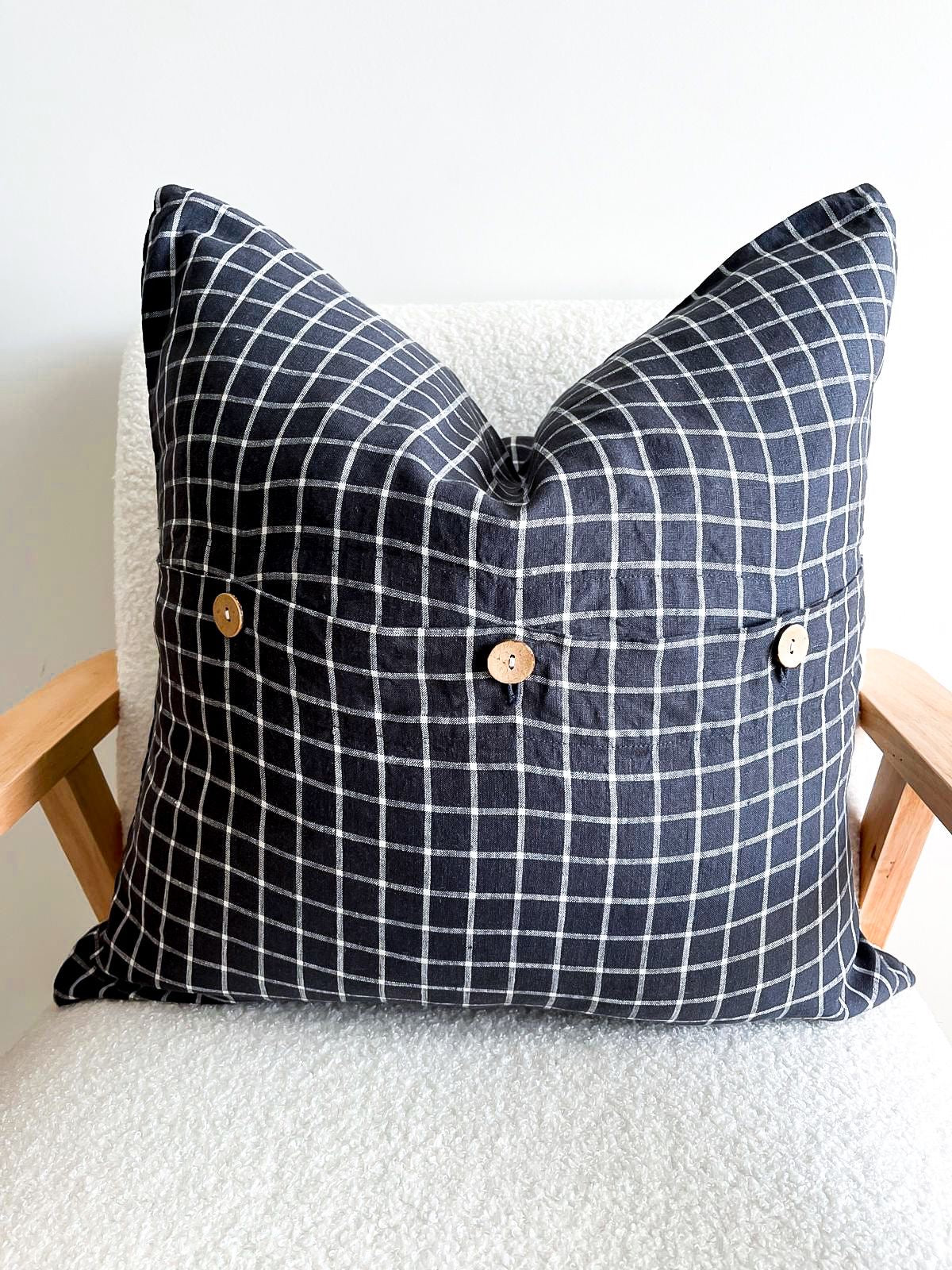 Pure French Linen Cushion Cover - Navy Grids