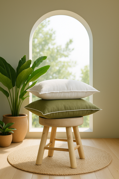Pure French Linen Cushion Cover with Piped Edge - Olive with White Piping