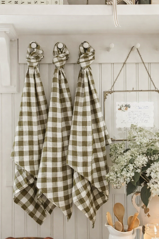 Pure French Linen Tea Towel - Olive Gingham