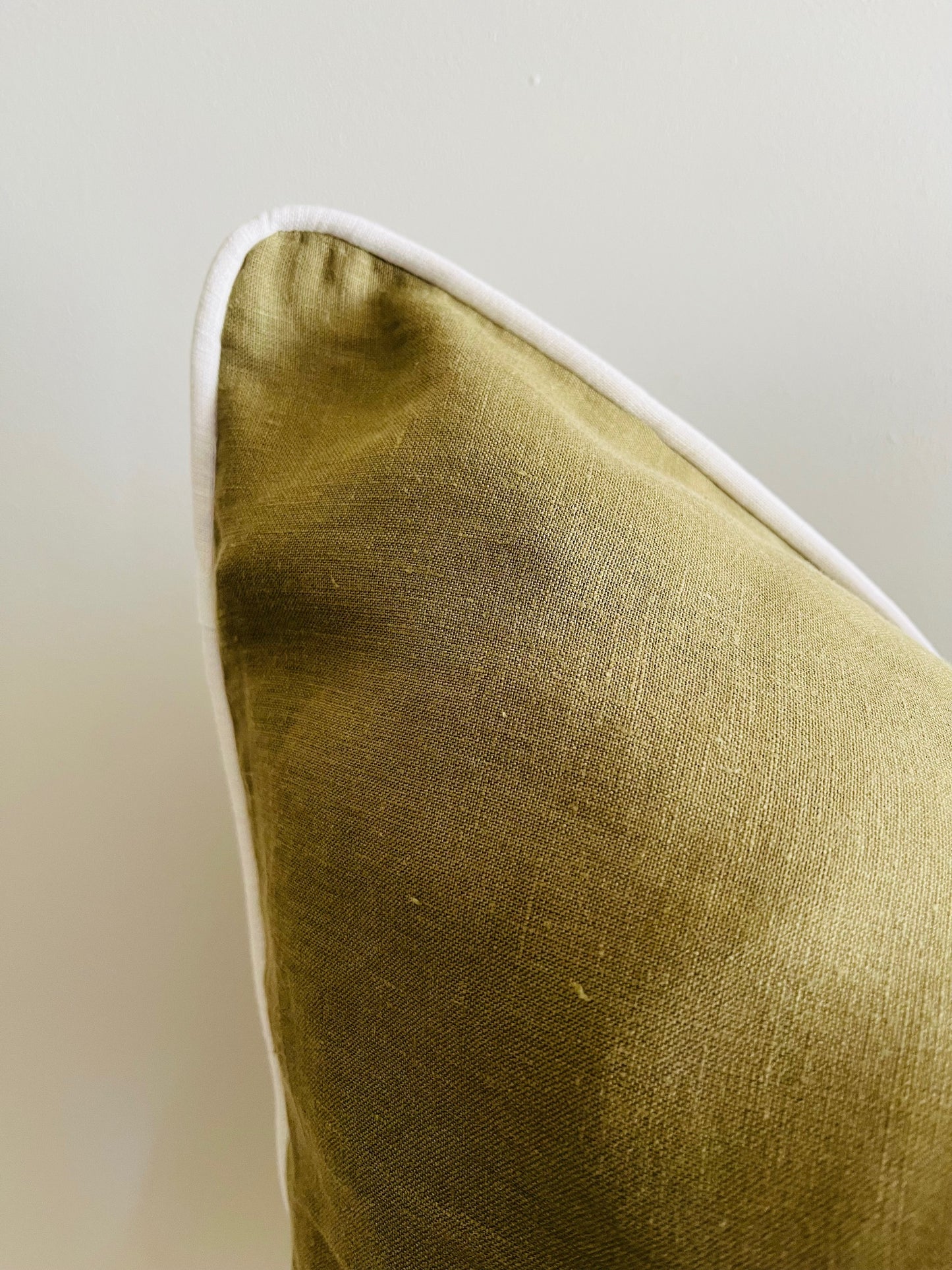Pure French Linen Cushion Cover with Piped Edge - Olive with White Piping
