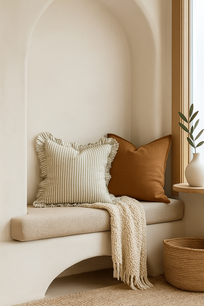 Pure French Linen Frayed Edge Ruffle Cushion Cover - Olive Pinstripes