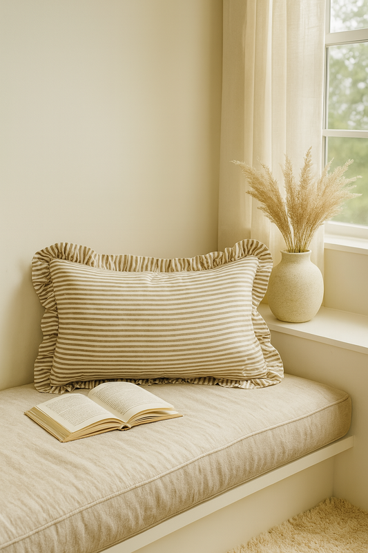 Pure French Linen Ruffle Lumbar - Olive Pinstripes