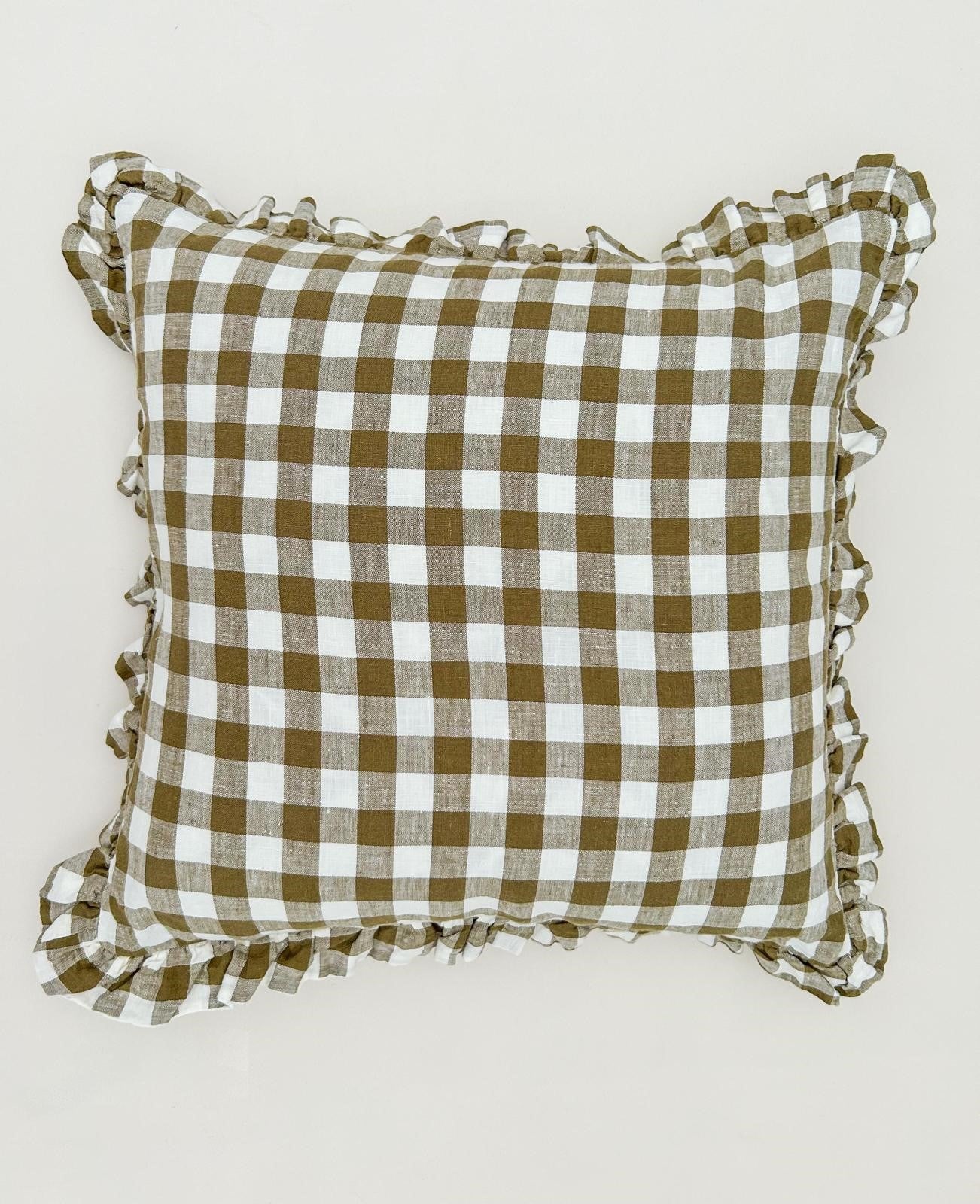 Reversible Linen Ruffle Cushion Cover - Olive Gingham - Warm White