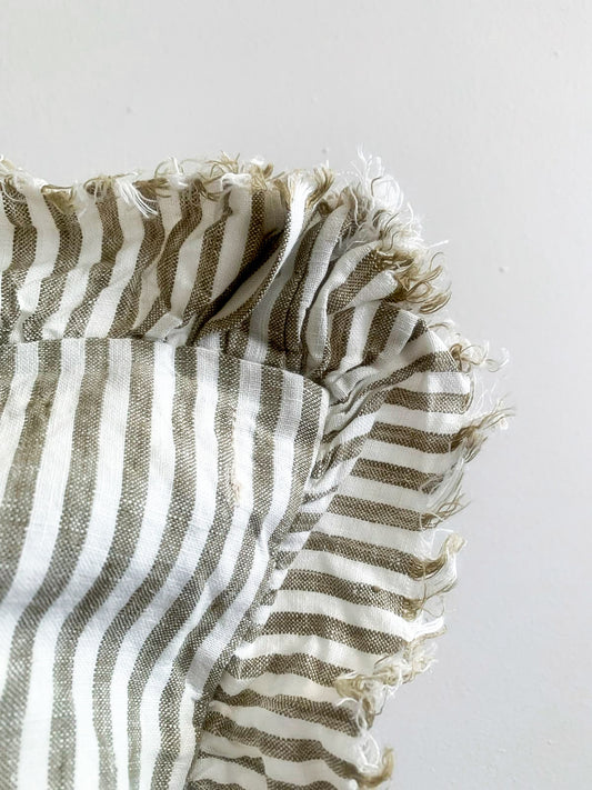 Pure French Linen Frayed Edge Ruffle Cushion - Olive Pinstripes