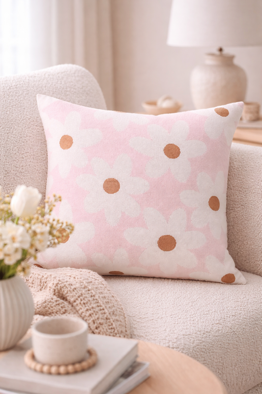 100% Organic Cotton Jacquard Knit Cushion Cover - Floral - 50% OFF