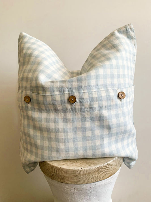 Pure French Linen Cushion - Pale Blue Gingham