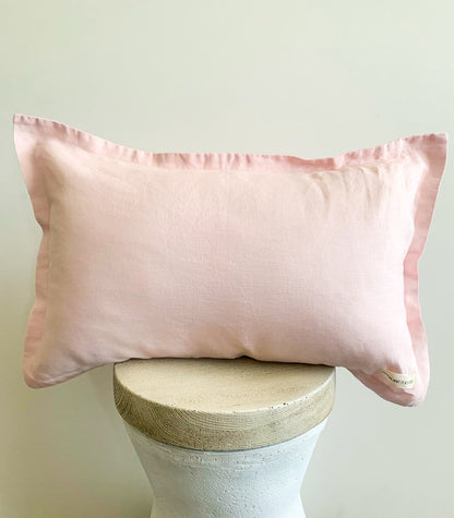 Pure French Linen Lumbar Cushion with Flange Detail - Pale Pink