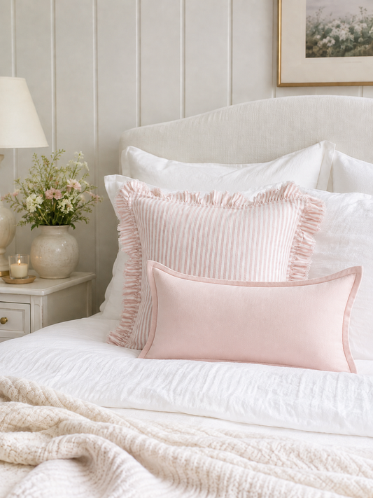 Pure French Linen Lumbar Cushion Cover with Flange Detail - Pale Pink