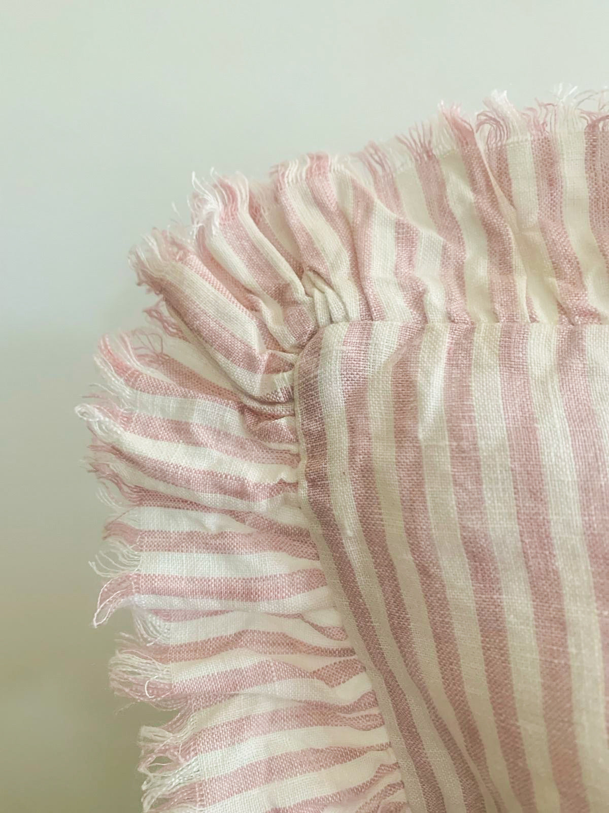 Pure French Linen Frayed Edge Ruffle Cushion - Pink Pinstripes