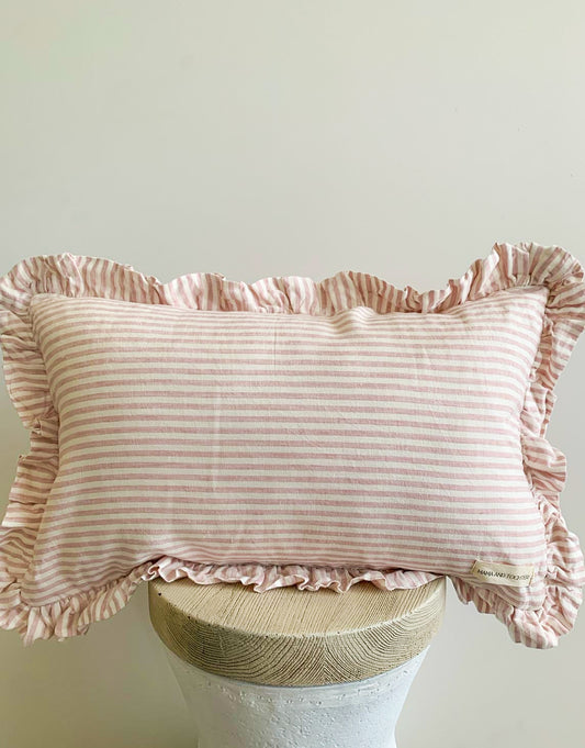 Pure French Linen Ruffle Lumbar - Pink Pinstripes