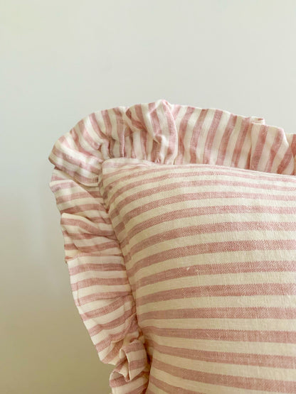 Pure French Linen Ruffle Lumbar - Pink Pinstripes