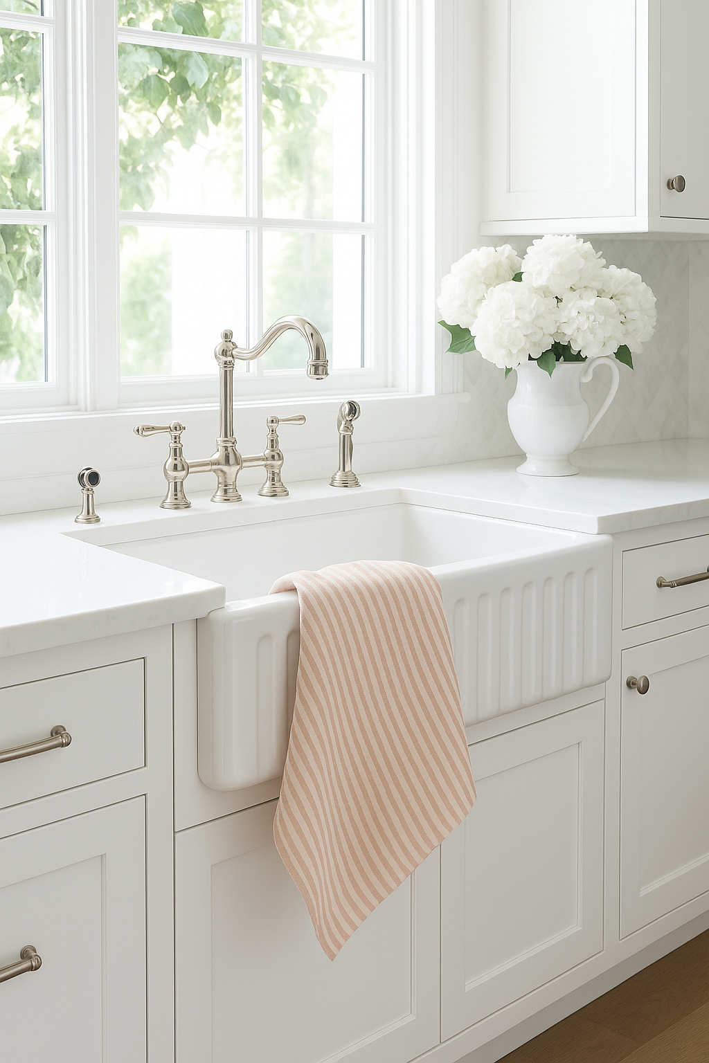 Pure French Linen Tea Towel - Pink Pinstripes