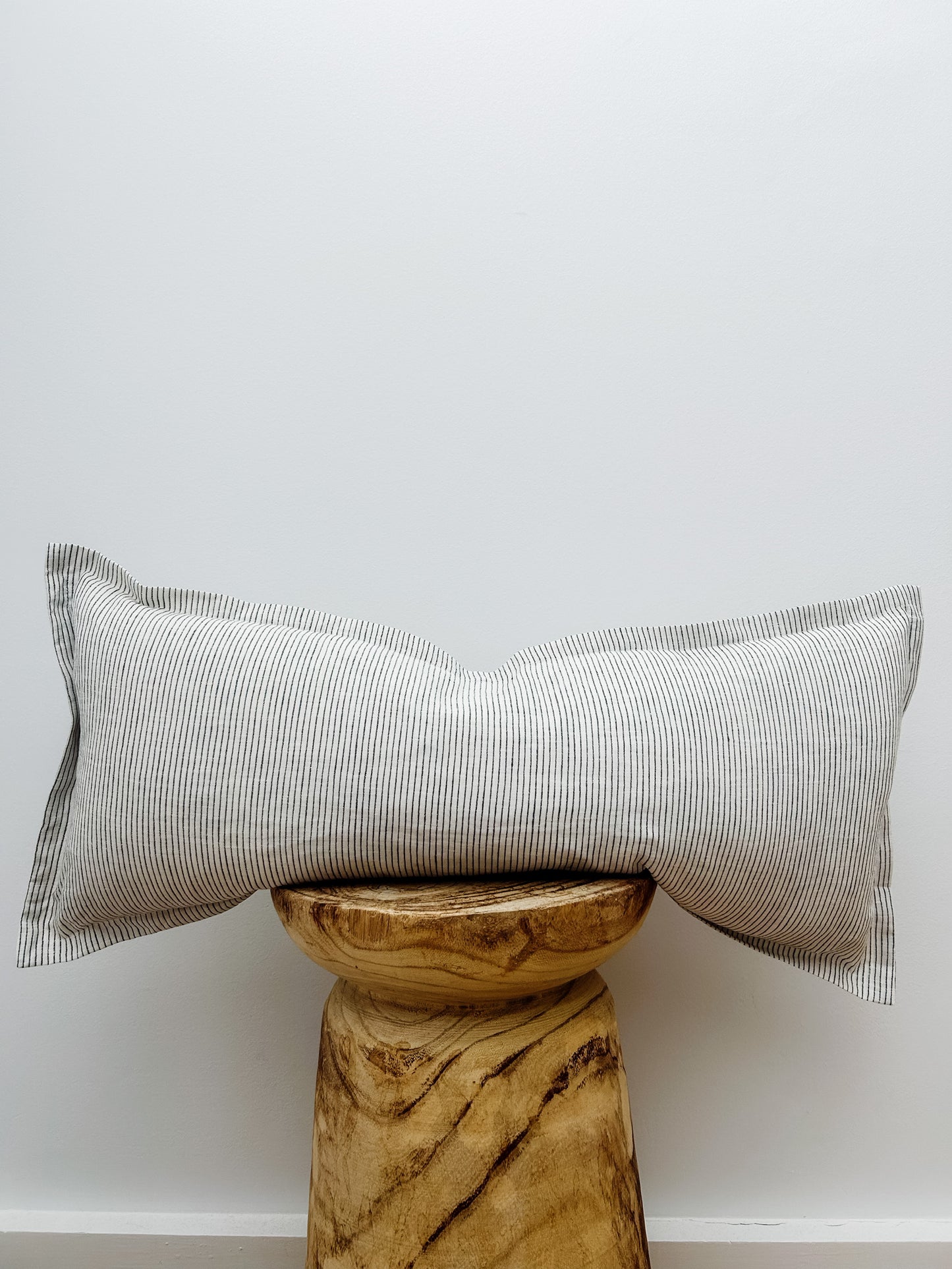 Pure French Linen Lumbar Cushion with Flange Detail - Pinstripe