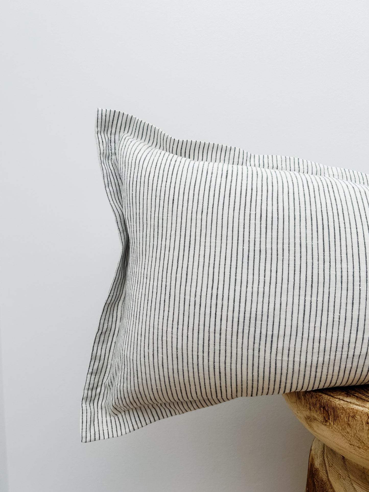 Pure French Linen Lumbar Cushion with Flange Detail - Pinstripe