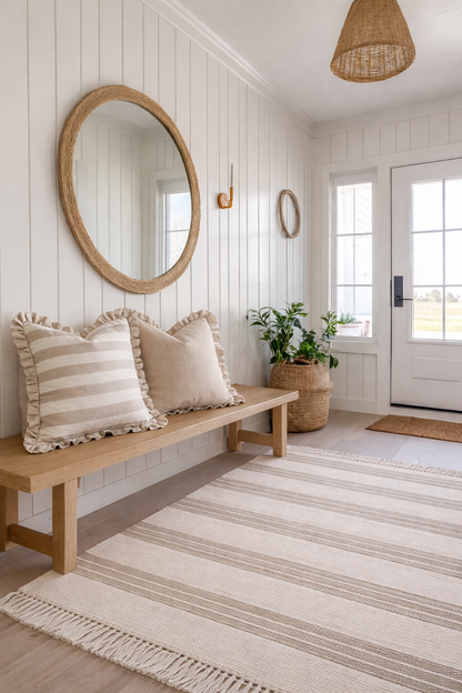 Pure Linen Reversible Ruffle Cushion Cover - Natural Wide Stripe - Natural
