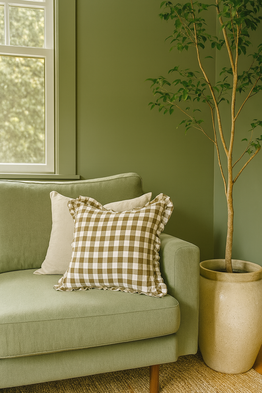 Pure Linen Reversible Ruffle Cushion Cover - Olive Gingham - Warm White