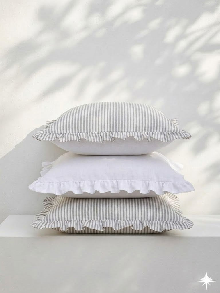 Pure Linen Reversible Ruffle Cushion Cover - Grey Stripe - White