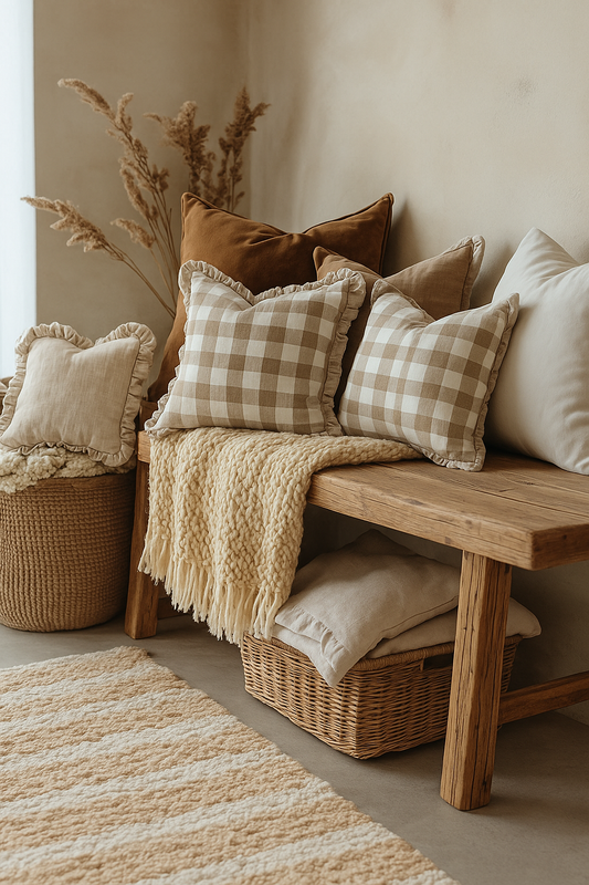 Pure Linen Reversible Ruffle Cushion Cover - Natural Gingham - Natural