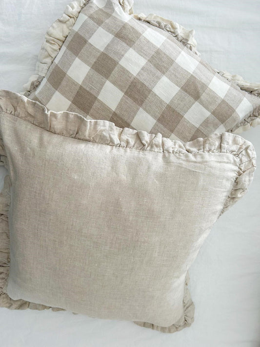 Reversible Linen Ruffle Cushion Cover - Natural Gingham - Natural