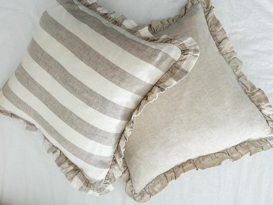 Reversible Linen Ruffle Cushion Cover - Natural Wide Stripe - Natural
