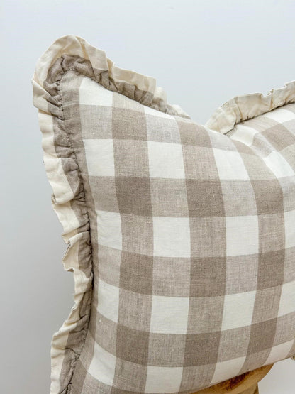 Reversible Linen Ruffle Cushion Cover - Natural Gingham - Natural