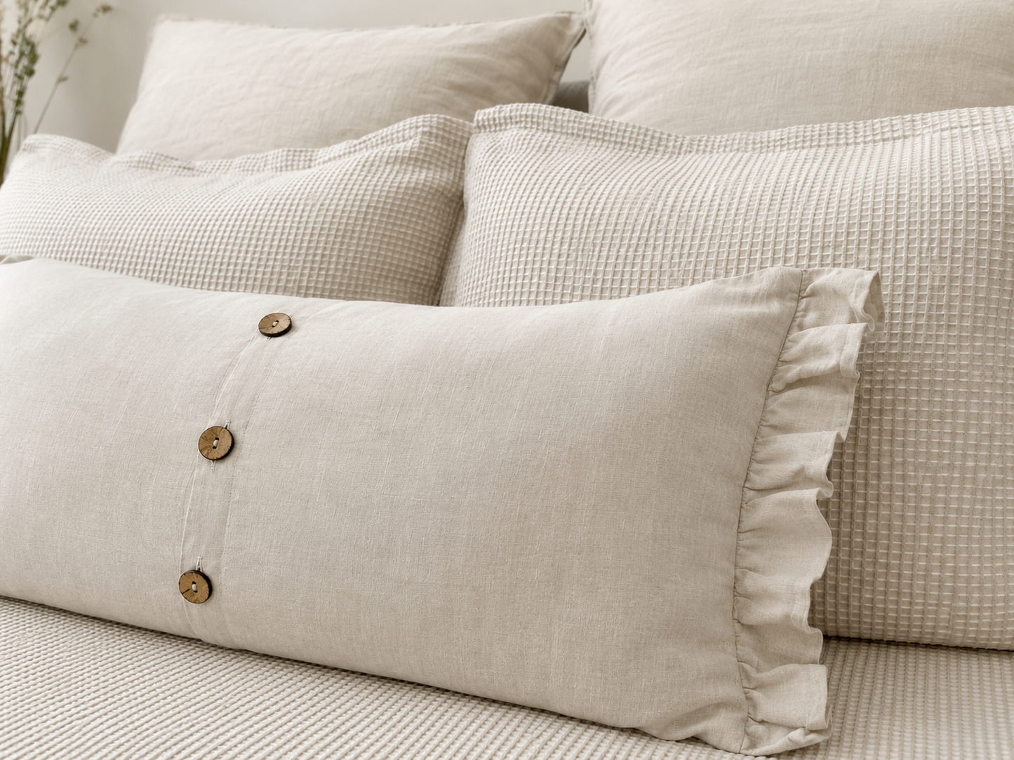 Pure French Linen Lumbar with Ruffle Ends - Natural 30 x 50