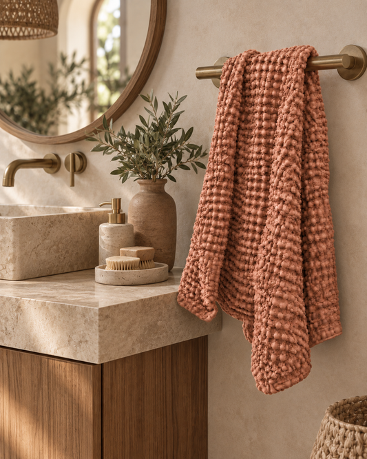 100% Organic Cotton Rustic Waffle Standard Tea Towel - Hand Towel - Rust